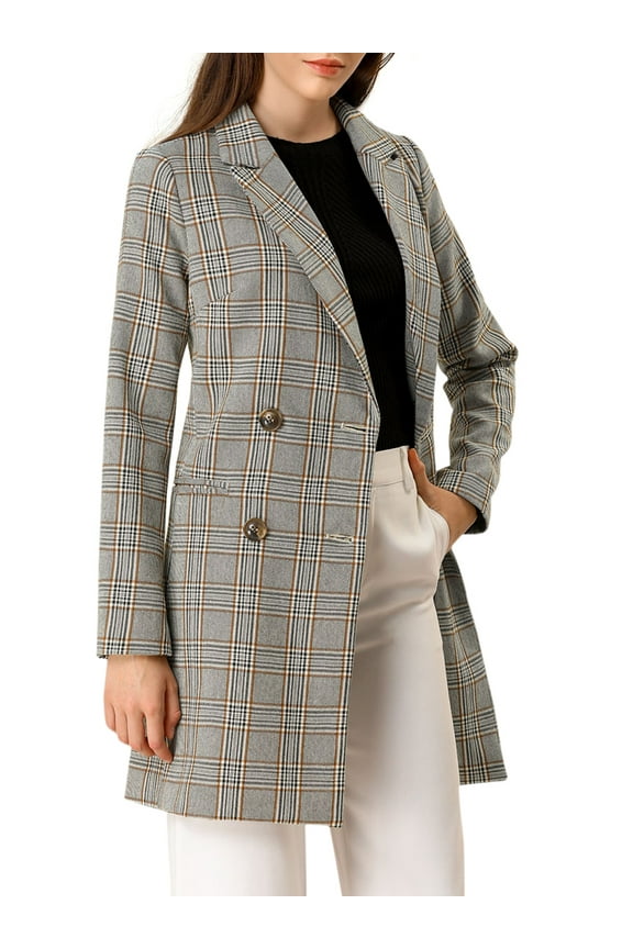 Women's Plaid Notched Lapel Long Sleeves Double Breasted Coat M Gray
