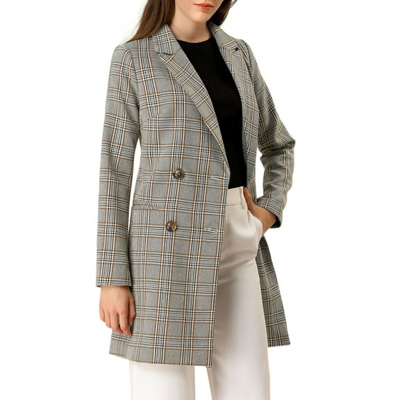INSPIRE CHIC Women's Plaid Notched Lapel Long Sleeves Double Breasted Coat XL Gray