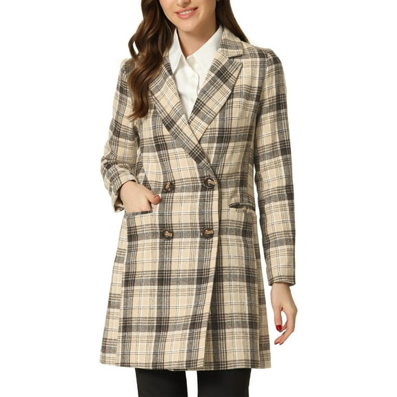 INSPIRE CHIC Women's Plaid Notched Lapel Long Sleeves Double Breasted Coat XL Khaki