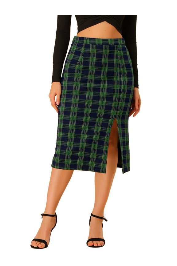 Women's Skirt Plaid Pattern Straight Line Elastic Back Knitted Stretchy Slit Skirt L Green