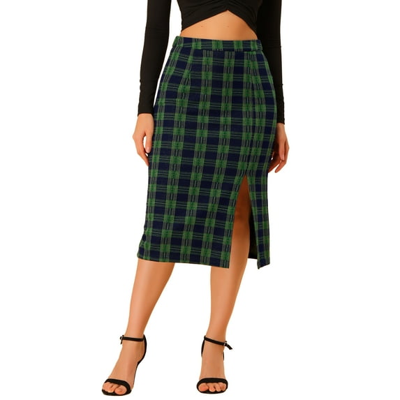 INSPIRE CHIC Women's Skirt Plaid Pattern Straight Line Elastic Back Knitted Stretchy Slit Skirt XL Green