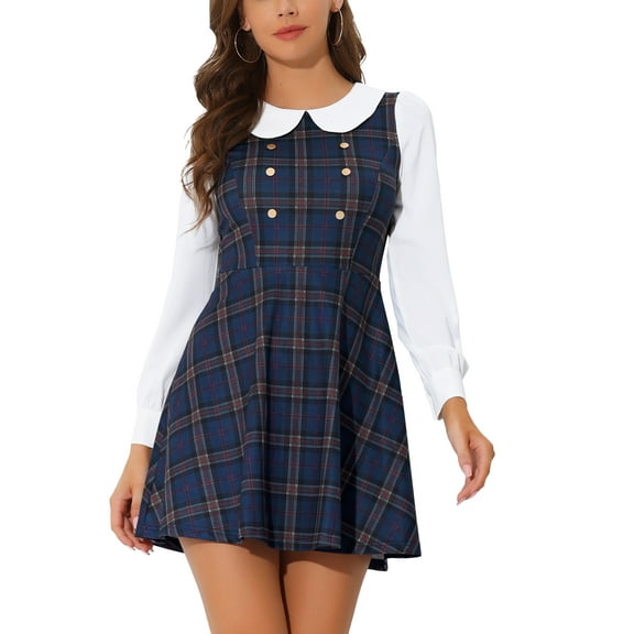 INSPIRE CHIC Women's Plaid Peter Pan Collar Long Sleeve Mini A-Line Dress S Dark Blue
