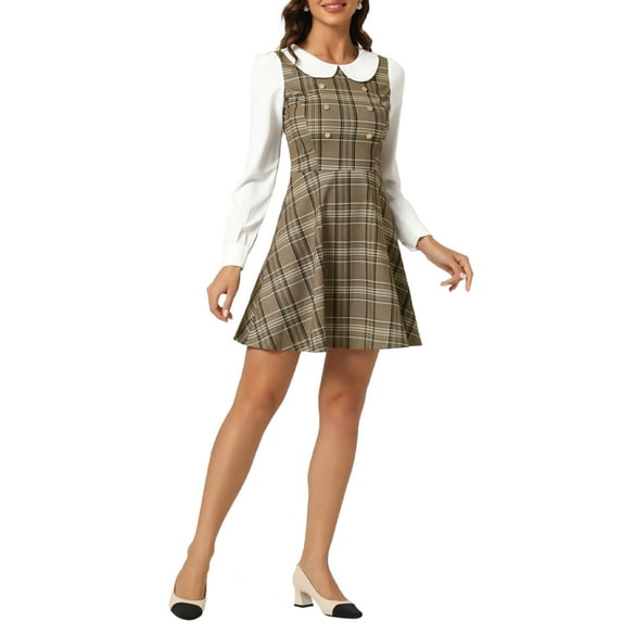 INSPIRE CHIC Women's Plaid Peter Pan Collar Long Sleeve Mini A-Line Dress XL Khaki Brown