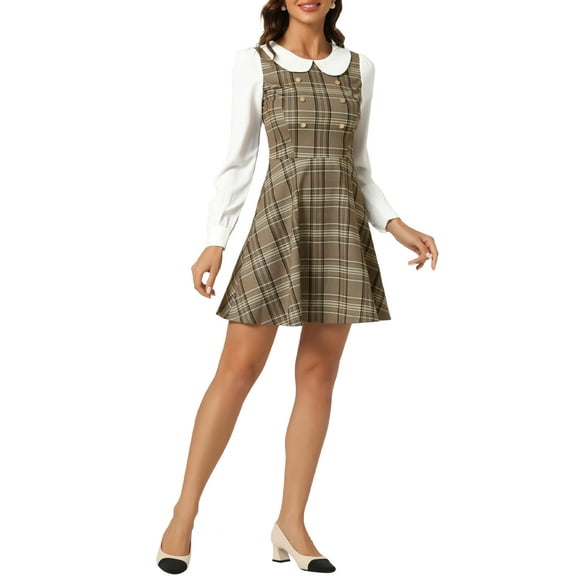 INSPIRE CHIC Women's Plaid Peter Pan Collar Long Sleeve Mini A-Line Dress M Khaki Brown