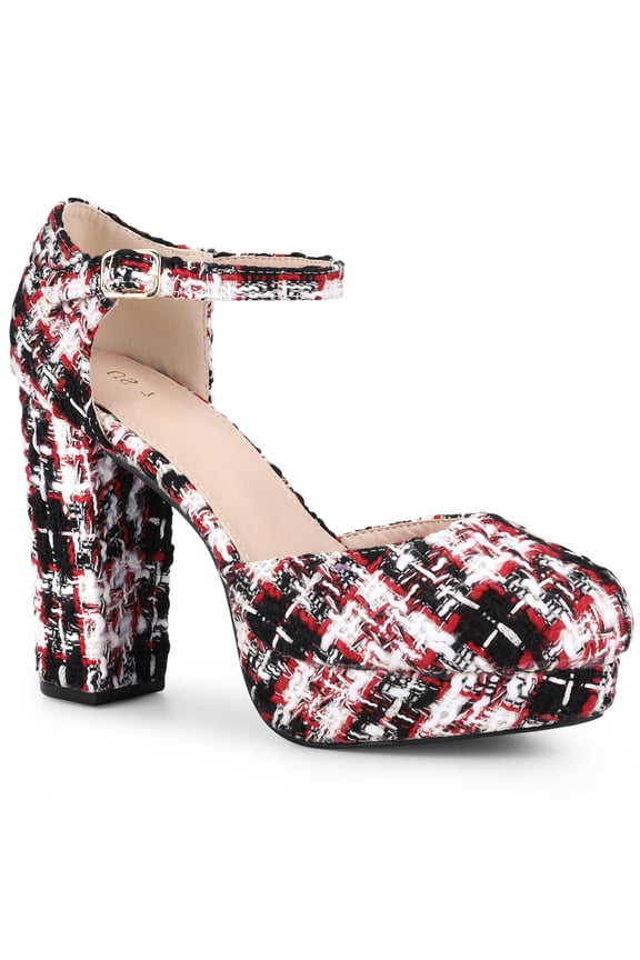 Women's Plaid Platform Ankle Strap Block Heel Mary Janes Pumps Red Black 6