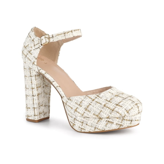 BLISSFUL STEP Women's Plaid Platform Ankle Strap Block Heel Mary Janes Pumps White Gold 8