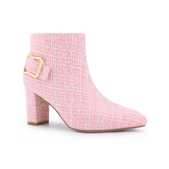 BLISSFUL STEP Women's Plaid Pointed Toe Chunky Heel Ankle Boots Pink (Size 5.5)