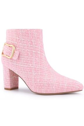 Women's Plaid Pointed Toe Chunky Heel Ankle Boots Pink (Size 9)