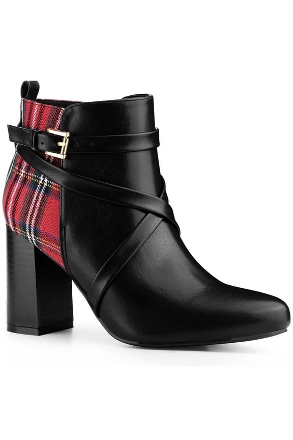 Women's Plaid Pointed Toe Crisscross Strap Block Heels Ankle Boots