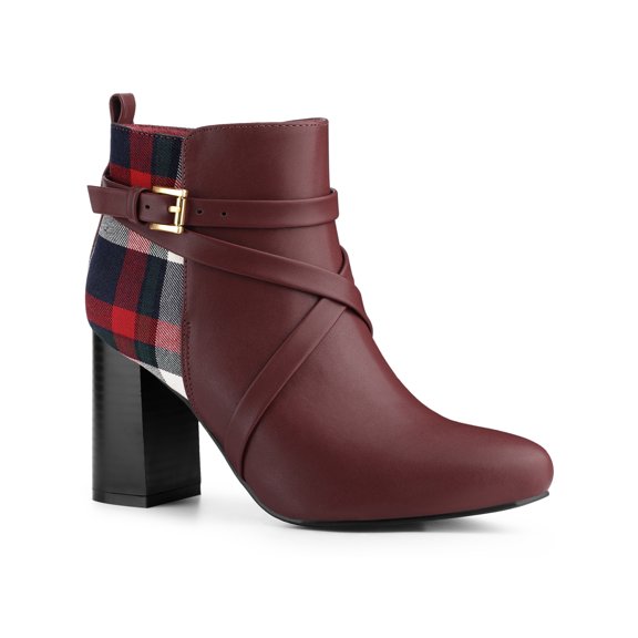 BLISSFUL STEP Women's Plaid Pointed Toe Crisscross Strap Block Heels Ankle Boots