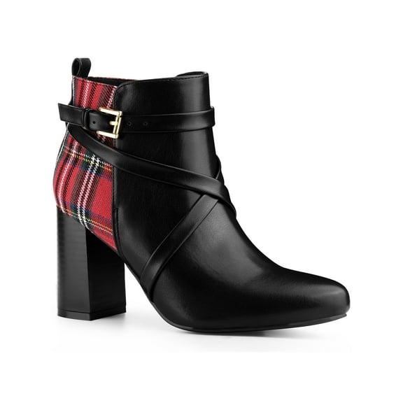 BLISSFUL STEP Women's Plaid Pointed Toe Crisscross Strap Block Heels Ankle Boots