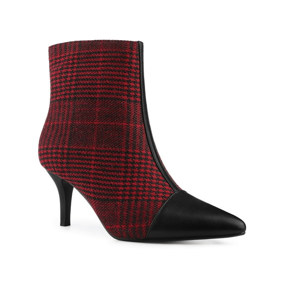 BLISSFUL STEP Women's Ankle Boots Pointed Toe Stiletto Heels Houndstooth Plaid Zip-Up Boots Red Black 9