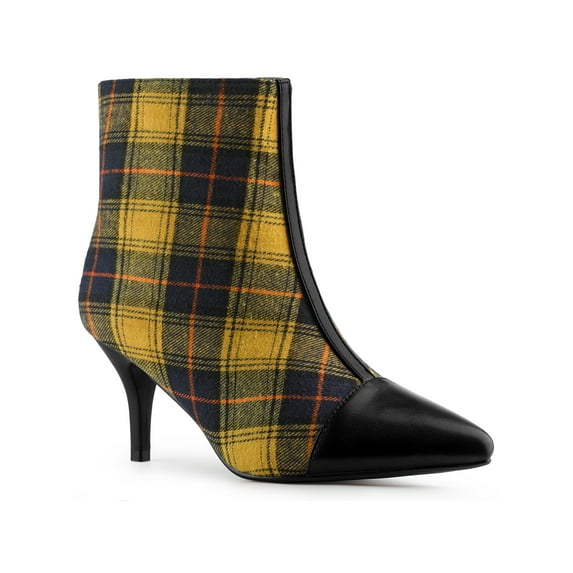 BLISSFUL STEP Women's Ankle Boots Pointed Toe Stiletto Heels Houndstooth Plaid Zip-Up Boots Yellow Black 7
