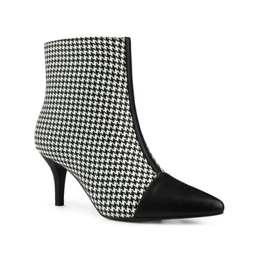 BLISSFUL STEP Women's Plaid Pointed Toe Houndstooth Stiletto Heels Ankle Boots Black Houndstooth (Size 7)