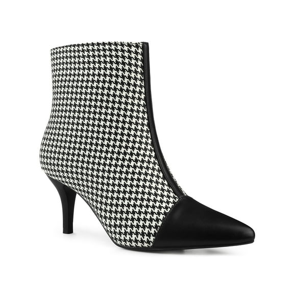 BLISSFUL STEP Women's Ankle Boots Pointed Toe Stiletto Heels Houndstooth Plaid Zip-Up Boots Black Houndstooth 7