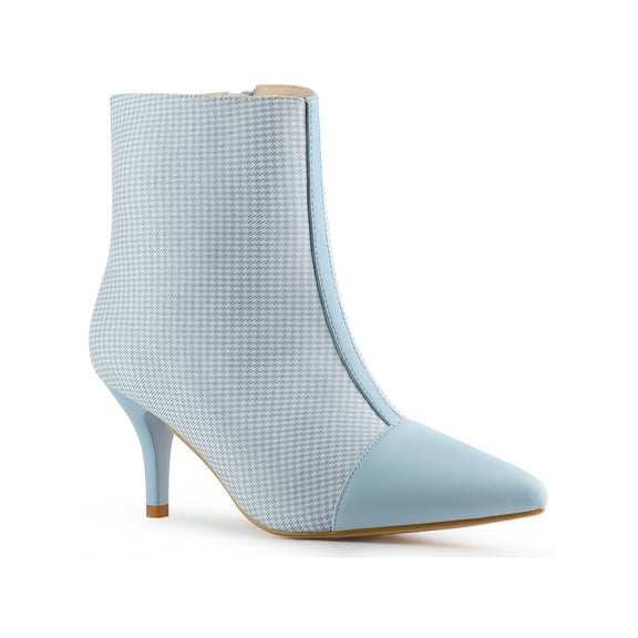 BLISSFUL STEP Women's Ankle Boots Pointed Toe Stiletto Heels Houndstooth Plaid Zip-Up Boots Baby Blue 7.5