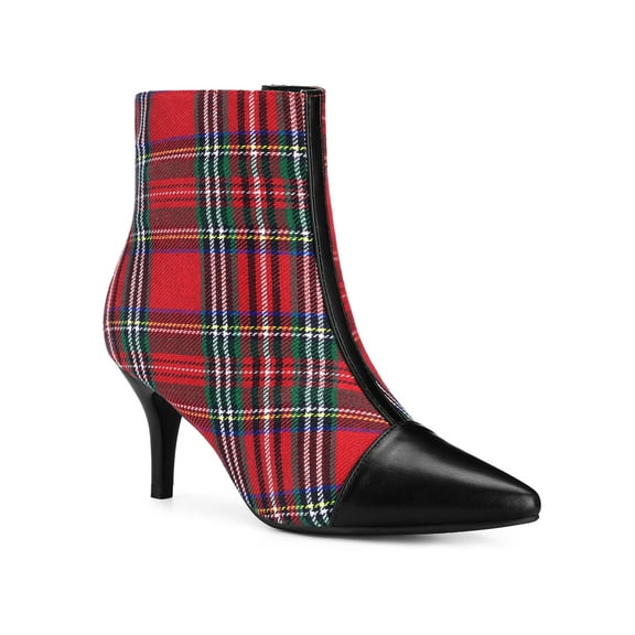 BLISSFUL STEP Women's Ankle Boots Pointed Toe Stiletto Heels Houndstooth Plaid Zip-Up Boots Red Green 7