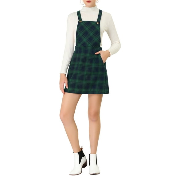 INSPIRE CHIC Women's Plaid Print Adjustable Strap Casual Suspender Dress XS Green Black