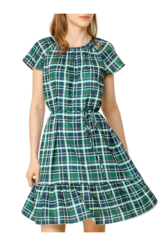 Women's Plaid Ruffle Dress Raglan Sleeve Tie Waist Belted Dresses XL Green