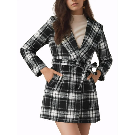 INSPIRE CHIC Women's Plaid Shawl Collar Belted Wrap Winter Coat M Black White