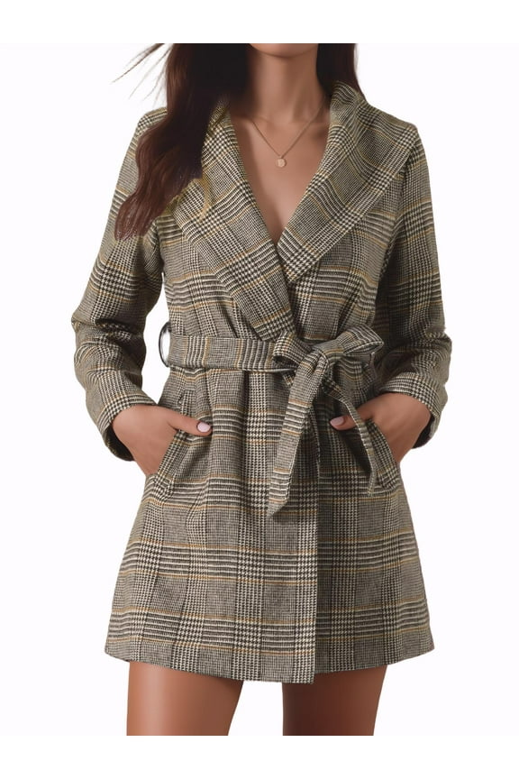 Women's Plaid Shawl Collar Belted Wrap Winter Coat M Brown Houndstooth