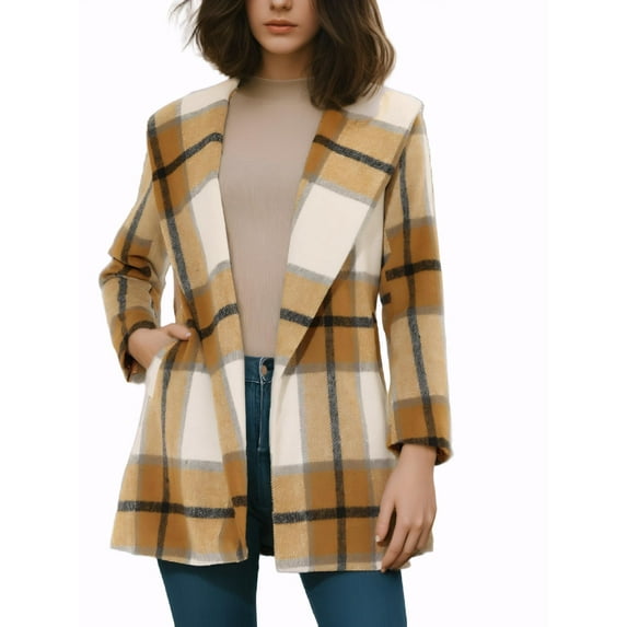INSPIRE CHIC Women's Plaid Shawl Collar Belted Wrap Winter Coat M Khaki