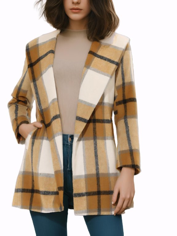 Women's Plaid Shawl Collar Belted Wrap Winter Coat S Khaki