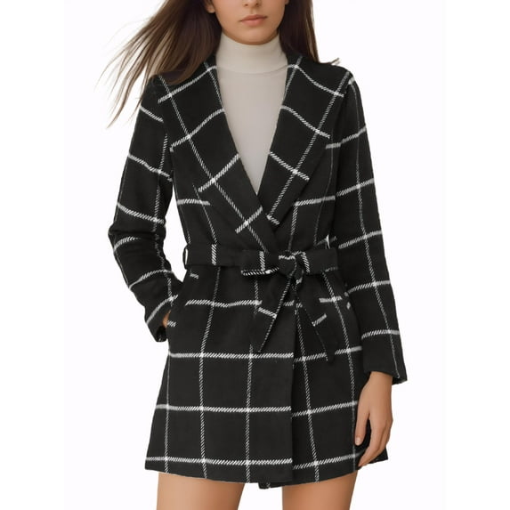 INSPIRE CHIC Women's Plaid Shawl Collar Belted Wrap Winter Coat XL Black