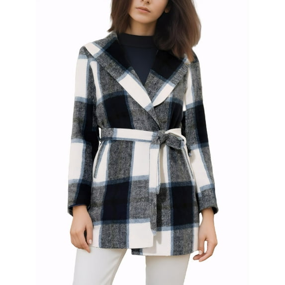 INSPIRE CHIC Women's Plaid Shawl Collar Belted Wrap Winter Coat XL Blue