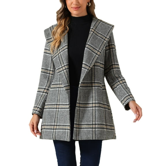 INSPIRE CHIC Women's Plaid Shawl Collar Belted Wrap Winter Coat XS Black Houndstooth
