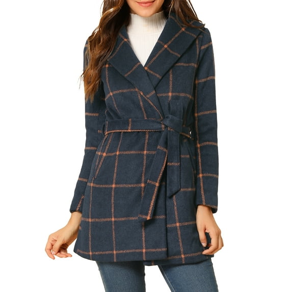 Allegra K Women's Plaid Shawl Collar Belted Wrap Winter Coat