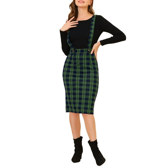 INSPIRE CHIC Women's Halloween Costume Plaid Shiny High Waist Pencil Midi Suspender Skirt Green M