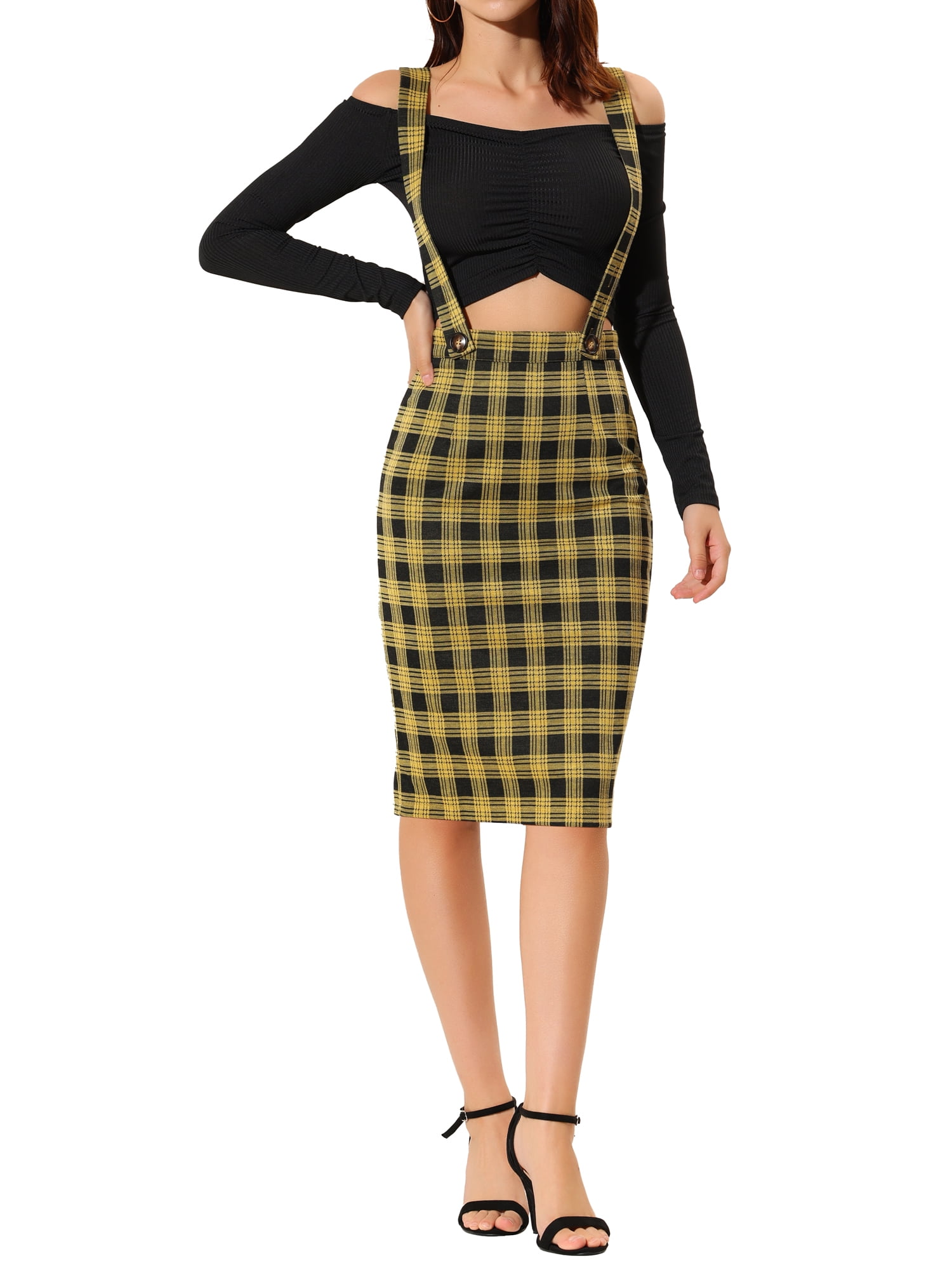 Suspender Skirt High Waisted Plaid Long Skirt Women's Plaid