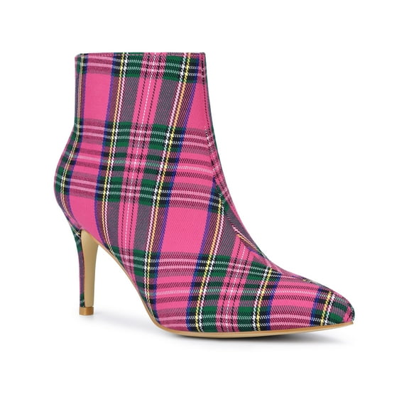 BLISSFUL STEP Women's Ankle Boots Plaid Stiletto Heel Pointy Toe Side Zipper Dress Boots Hot Pink 6.5