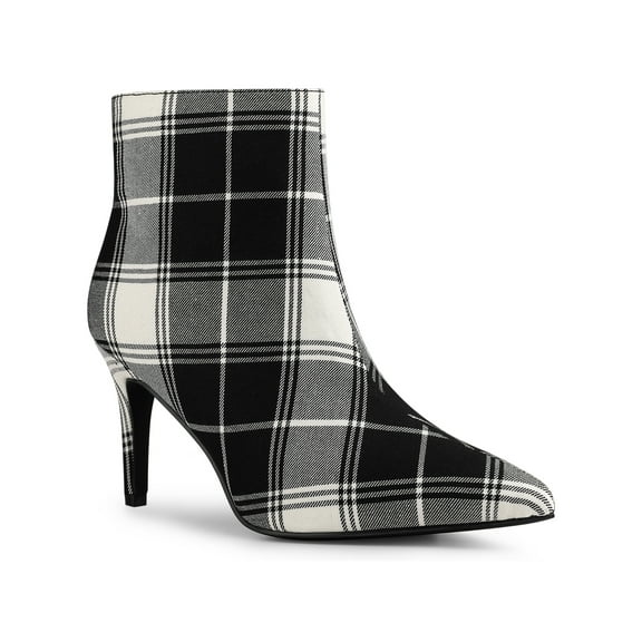 BLISSFUL STEP Women's Ankle Boots Plaid Stiletto Heel Pointy Toe Side Zipper Dress Boots Black White 6.5