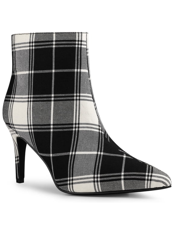 Women's Ankle Boots Plaid Stiletto Heel Pointy Toe Side Zipper Dress Boots Black White 6.5
