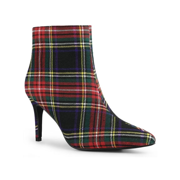 BLISSFUL STEP Women's Ankle Boots Plaid Stiletto Heel Pointy Toe Side Zipper Dress Boots Red Green 6.5