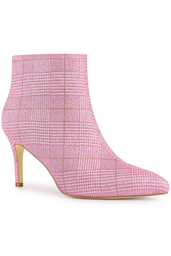 Women's Ankle Boots Plaid Stiletto Heel Pointy Toe Side Zipper Dress Boots Glitter Pink 6
