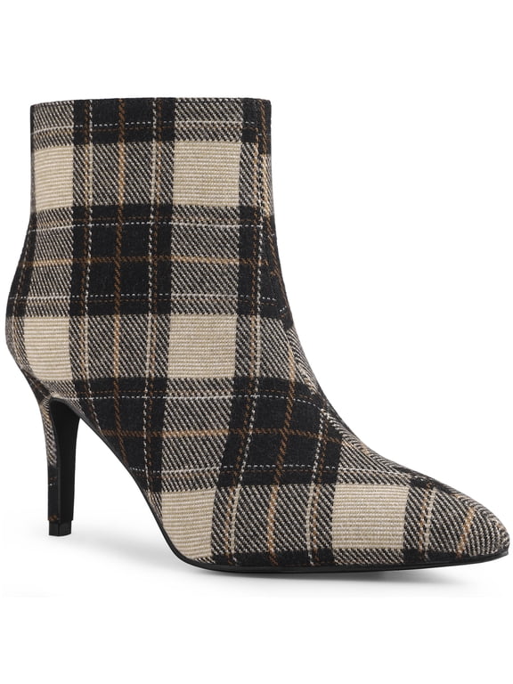 Women's Ankle Boots Plaid Stiletto Heel Pointy Toe Side Zipper Dress Boots Brown 9