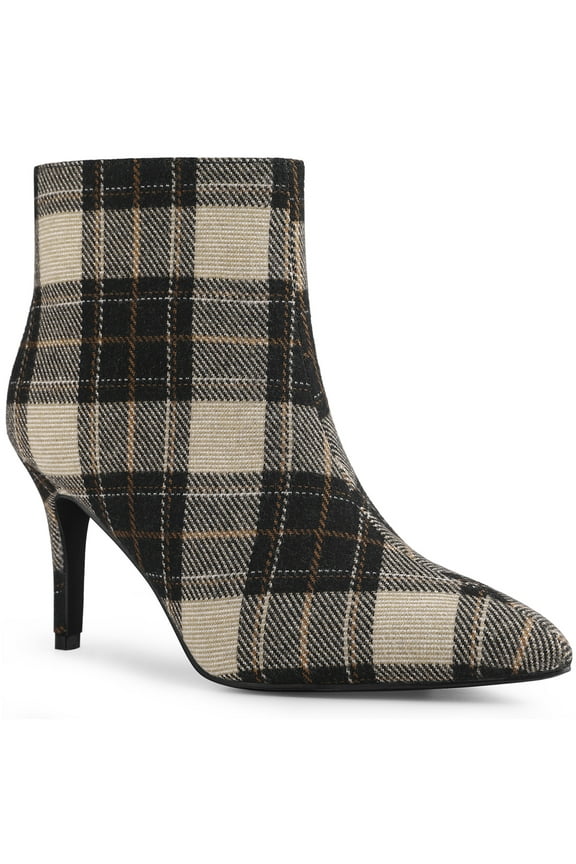 Women's Ankle Boots Plaid Stiletto Heel Pointy Toe Side Zipper Dress Boots Brown 7.5