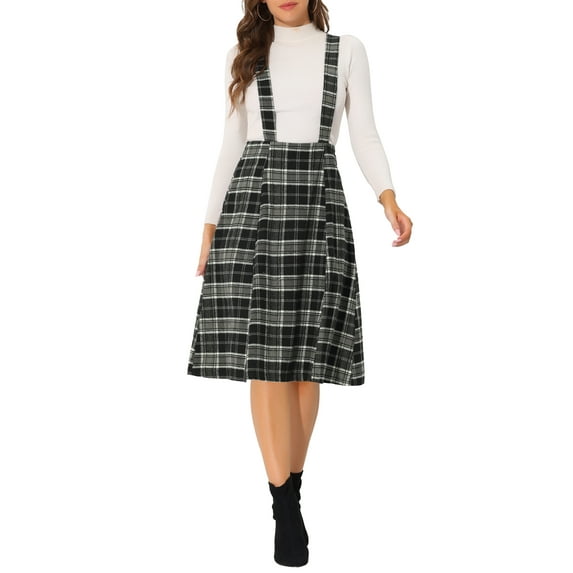 INSPIRE CHIC Women's Tartan Plaid Suspender Skirt Vintage High Waist A-Line Midi Overall Dress L Black