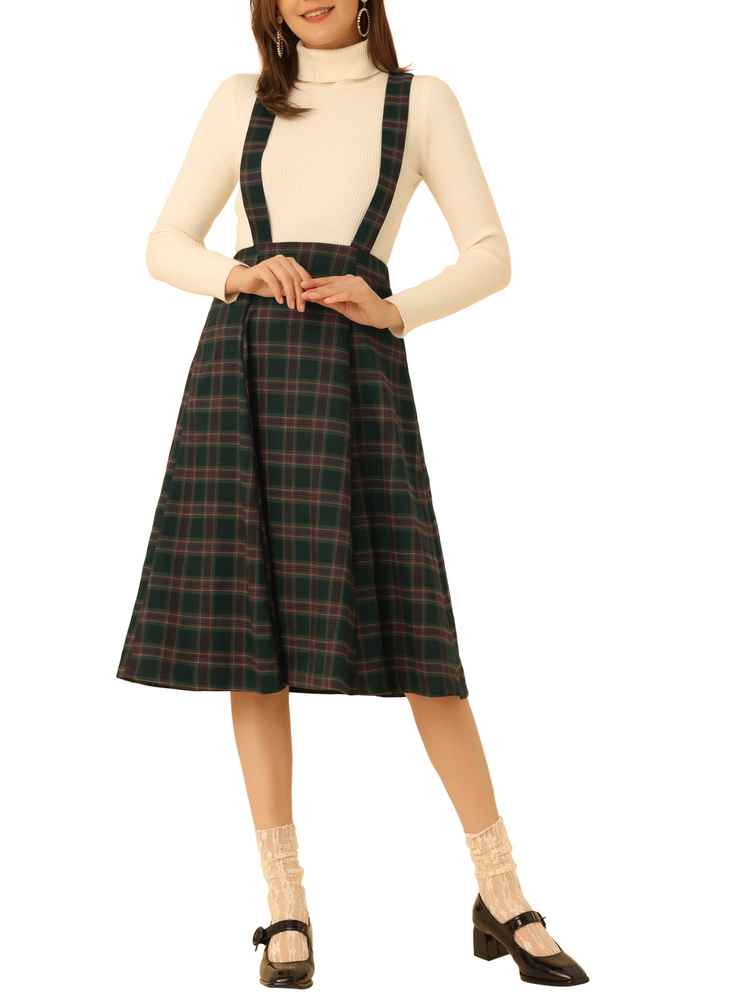 Inspire Chic Women's Tartan Plaid Suspender Skirt Vintage High Waist A-Line Midi Overall Dress M Dark Green Inspire Chic Women's Tartan Plaid Suspender Skirt Vintage High Waist A-Line Midi Overall Dress M Dark Green