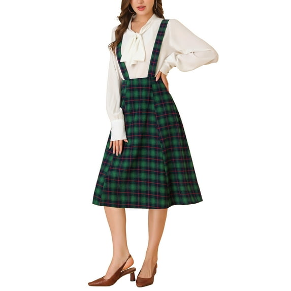 Allegra K Women's Plaid Tartan A-Line Overall Suspender Midi Skirt