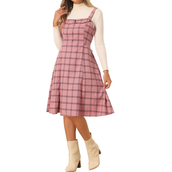 INSPIRE CHIC Women's Suspender Dress Retro Plaid Square Neck A-Line Midi Overall Dress XS Pink