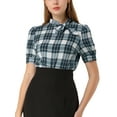 thumbnail image 1 of INSPIRE CHIC Women's Plaid Tie Collar Neck Blouse Retro Short Puff Short Sleeve Shirt Top Navy Blue M, 1 of 6