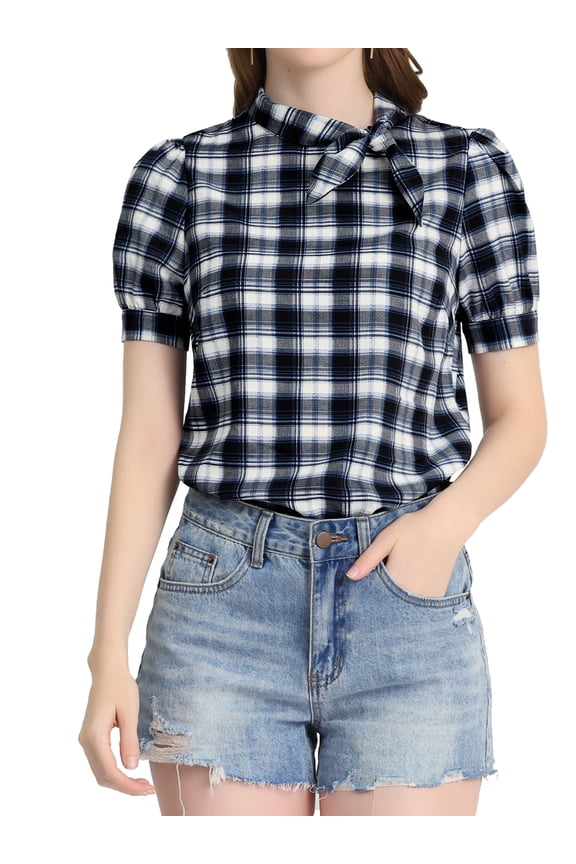 Women's Plaid Tie Collar Neck Blouse Retro Short Puff Short Sleeve Shirt Top Black M