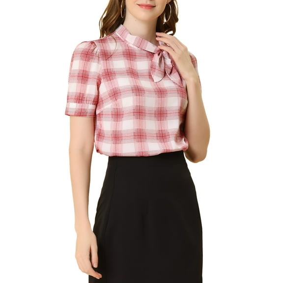 INSPIRE CHIC Women's Plaid Tie Collar Neck Blouse Retro Short Puff Short Sleeve Shirt Top Red XS