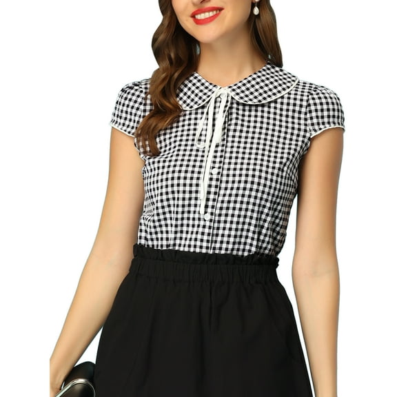 INSPIRE CHIC Plaid Tops for Women's Tie Neck Peter Pan Collar Shirt Black S