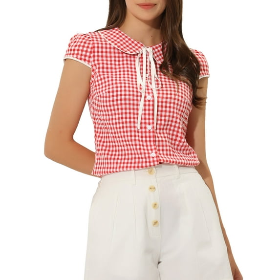 INSPIRE CHIC Plaid Tops for Women's Tie Neck Peter Pan Collar Shirt Red XS
