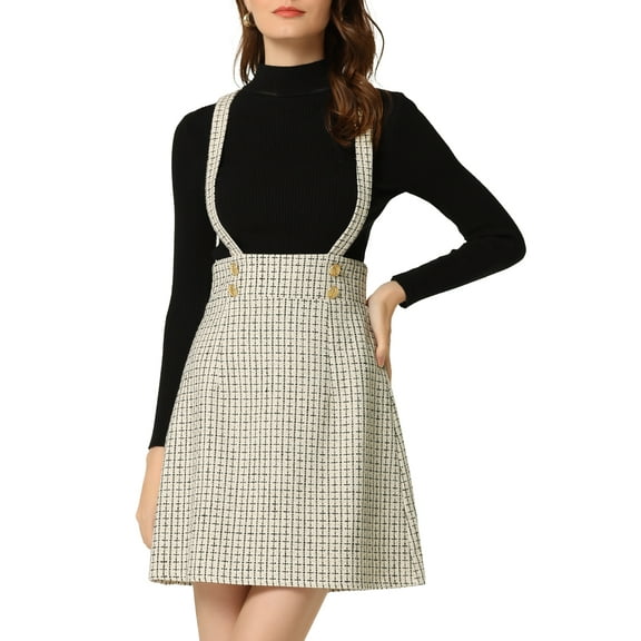 INSPIRE CHIC Women's Plaid Tweed Adjustable Straps Zip Bodycon Mini Suspender Skirt XS Ivory White